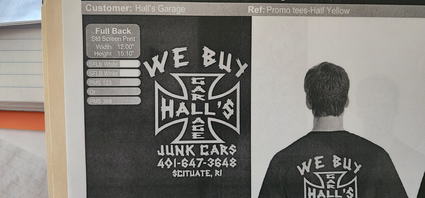 Hall's Garage Custom Tshirts- Yellow S-XL